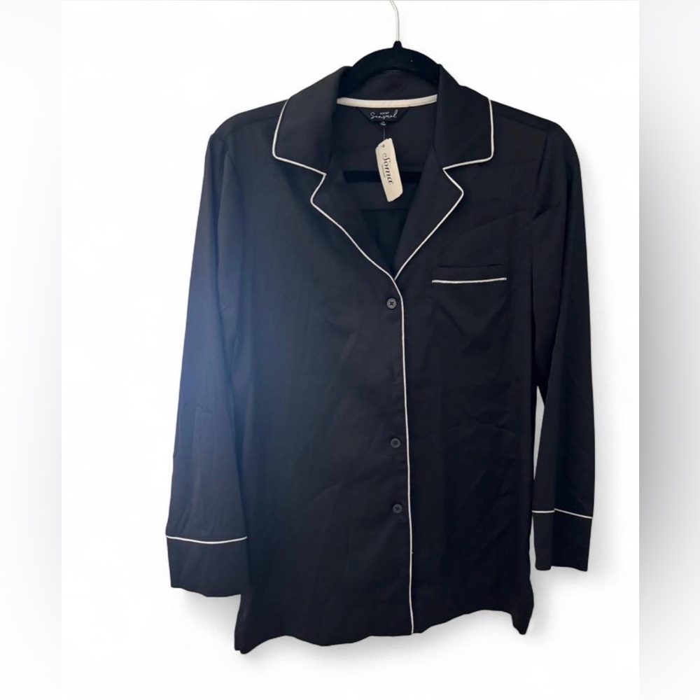 Soma Black Satin Pajama Top with White Accents